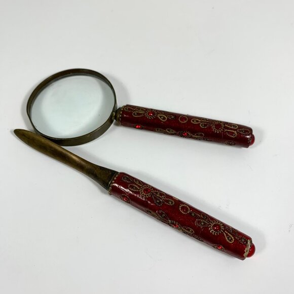 Vintage Red Enamel Letter Opener & Magnifying Glass Set - Floral Design Handles - Picture 2 of 8